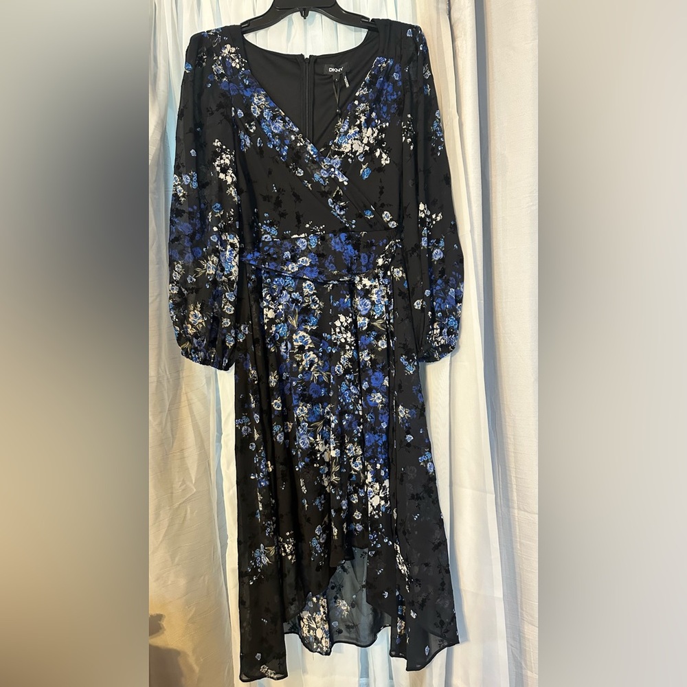 DKNY Black and Blue Floral Long Sleeve Dress